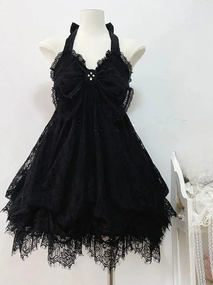 French Style Sweet Cute Polka Dot Splicing Dress Lace Bow Korean Fashion Dresses New Design Slim Waist Lady Y2k Mini Dress