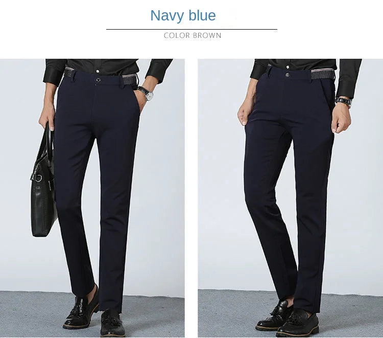 High Stretch Men's Dress Pants High Waist Elastic Formal Suit Pants Office Business Classic Casual Trousers Slim Fit Black Blue
