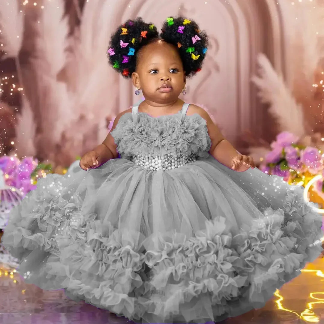 Customized Flower Girl Dress Purple Tulle Tiered Pearls Sleeveless For Wedding Birthday Party Banquet Prom Holy Communion Gown