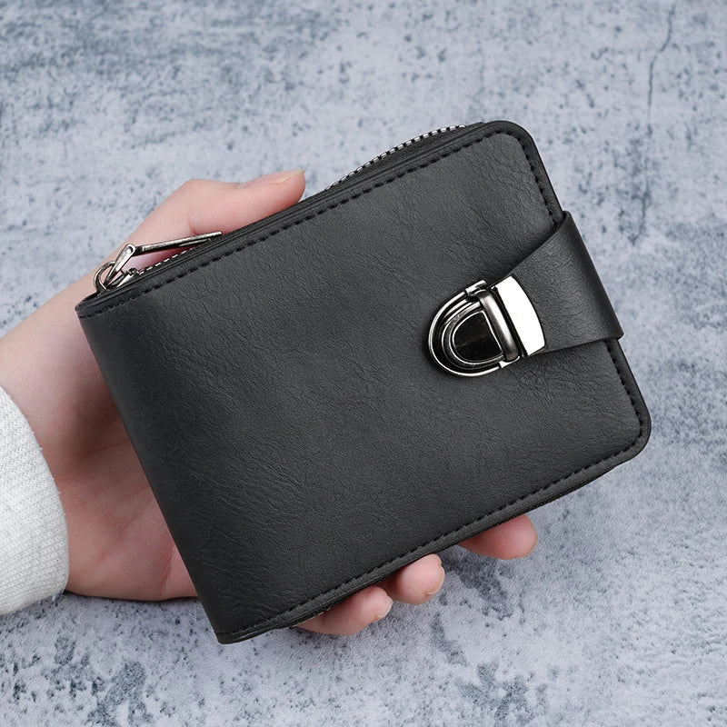 New Men's Short Wallet Retro Lock Business Large Capacity Multi-Card Slot Money Clip Change Purse Zipper Coin Pouch