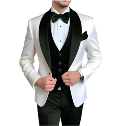 Customized Men's 3 Piece Tuxedo With Scarf Lapel Smoking Suit Wedding Groomsmen Formal Party Blazer Terno Masculino