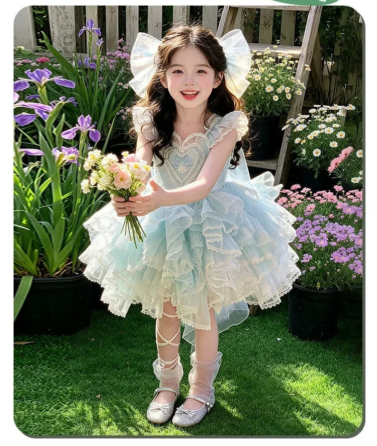 Baby Girls Sweet Sleeveless Lolita Princess Dress New 2026 Summer Childrens Elegant Lace Trim Tulle Bow Train Performance Gown