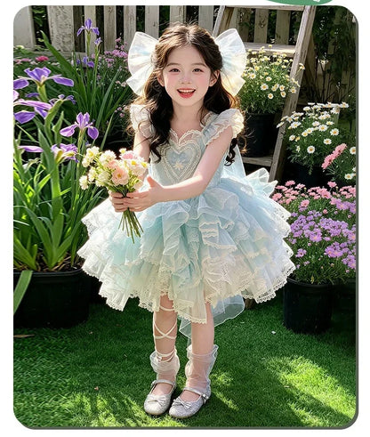 Baby Girls Sweet Sleeveless Lolita Princess Dress New 2026 Summer Childrens Elegant Lace Trim Tulle Bow Train Performance Gown