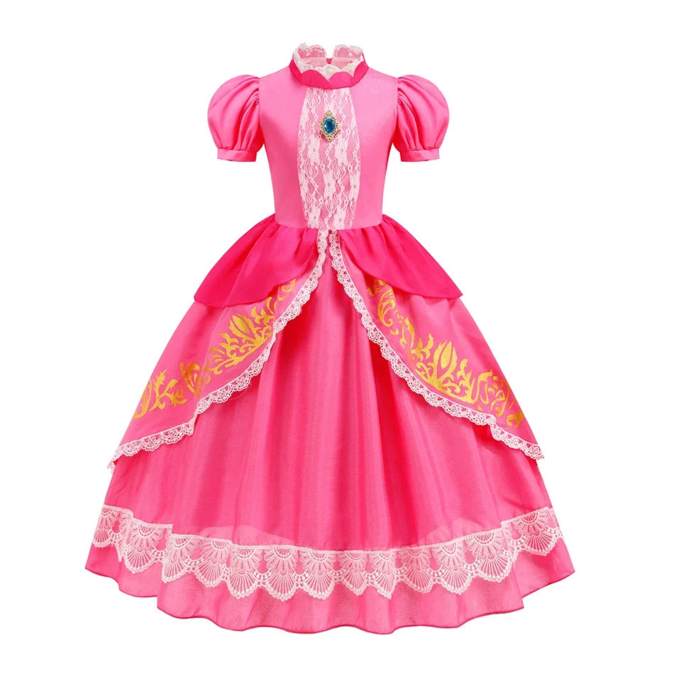 Pumber Bros Vedio Game Movie Cosplay Girl Peach Dress up Lace Ball Gown Princess Costume Kid Cute Halloween Clothing Frock 2-10Y