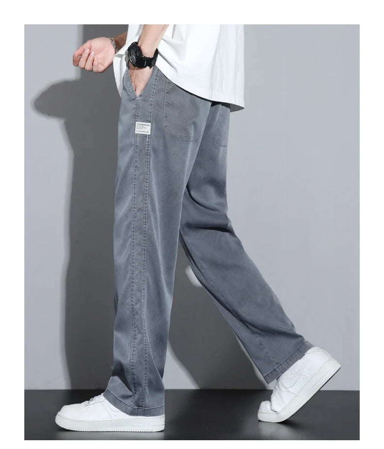 Summer Soft Lyocell Fabric Men's Jeans Thin Loose Straight Pants Drawstring Elastic Waist Korea Casual Trousers Plus Size M-5XL