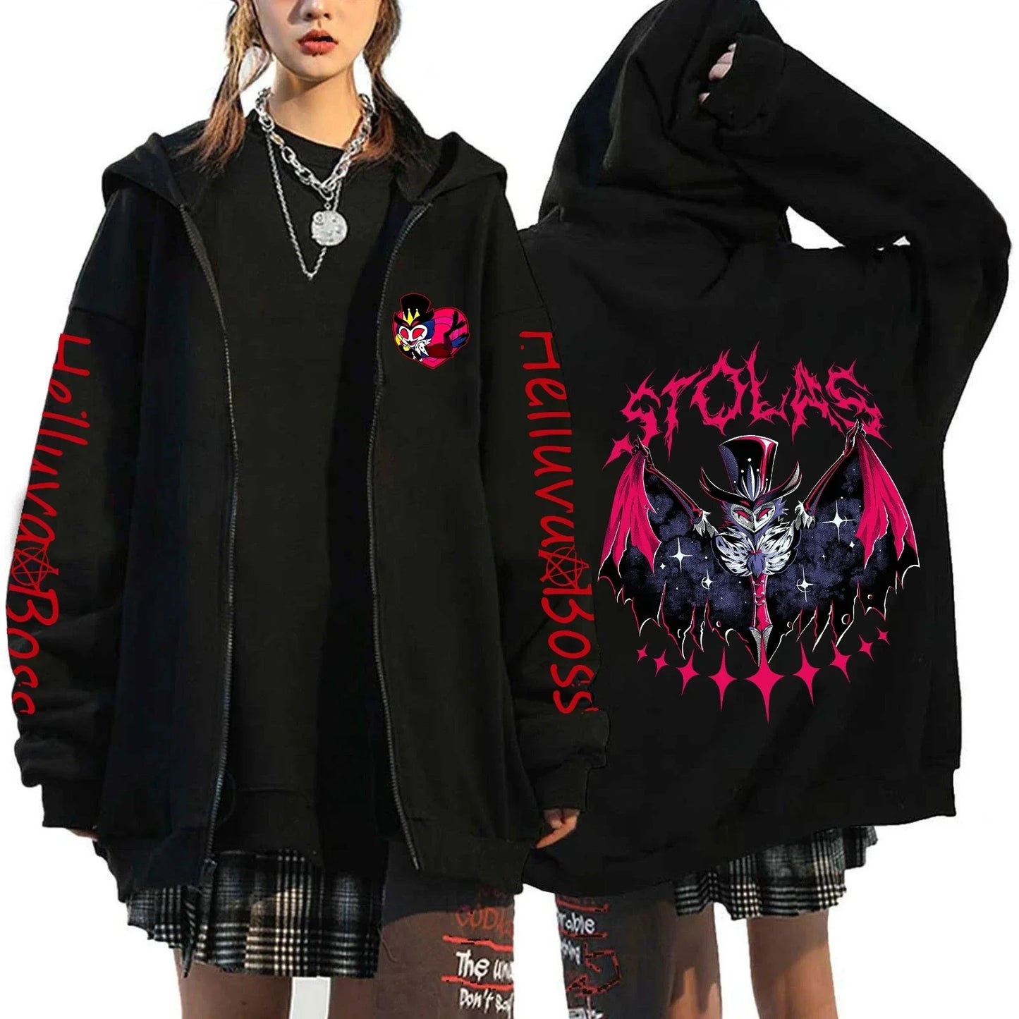 Helluva Boss Print Hooded Zipper Men Women Casual Fashion Fall Winter Warm Vintage Long Sleeve Tops Fleece Zip-Up Sweatshirts