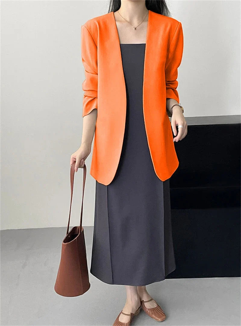 Fashion New Solid Casual Joker Women's Blazer Spring Autumn No Placket Cardigan Suit Jackets V-neck Long Sleeve 19-Color Coats
