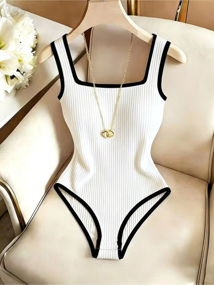 3pcs Women's Ribbed Bodysuit Set Fashionable Black Piped Square Neck Waist-Cinching Style Summer Nightlife Wear Elegant Beach Ou