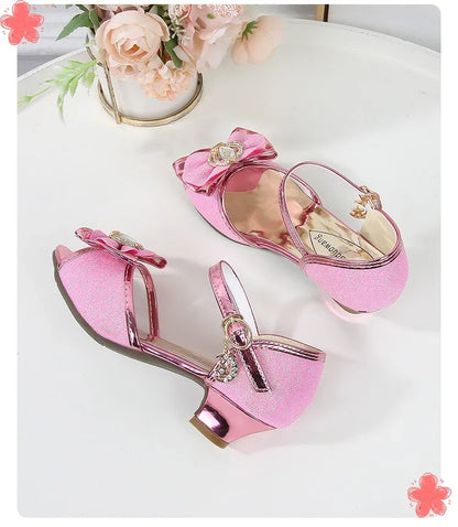 New Girl's High Heel Shoes for Kids Party Wedding Fashion Princess Causal Dress Shoes Sequins Versatile Children's Crown Sandals