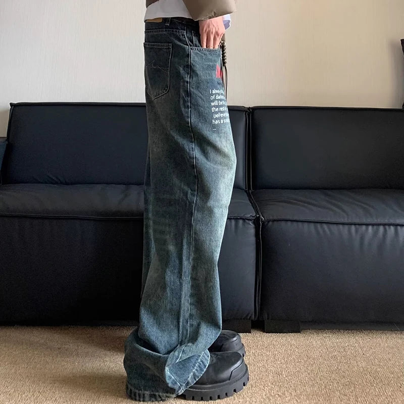 Korean Version Retro Letter Printed Jeans For Men Loose Straight Leg Wide Leg Pants High Street Hip-Hop Design Casual Pants