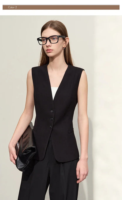 Minimalism Jacket Vests for Women 2025 Summer New Professional Style V-neck Slim Sleeveless Single-breasted Blouse 12441175