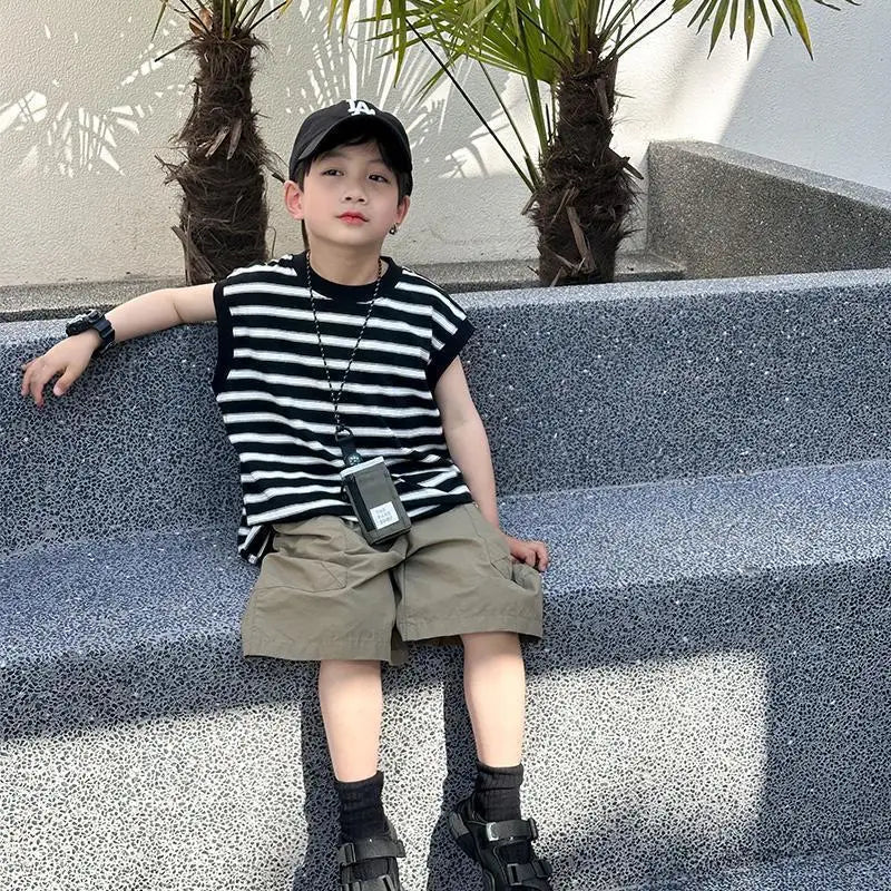 Striped Sleeveless Vest Children Clothing Top and Bottom Clothing Set Fashion 8 14 Years Children's Suit for Boy Clothes Outdoor