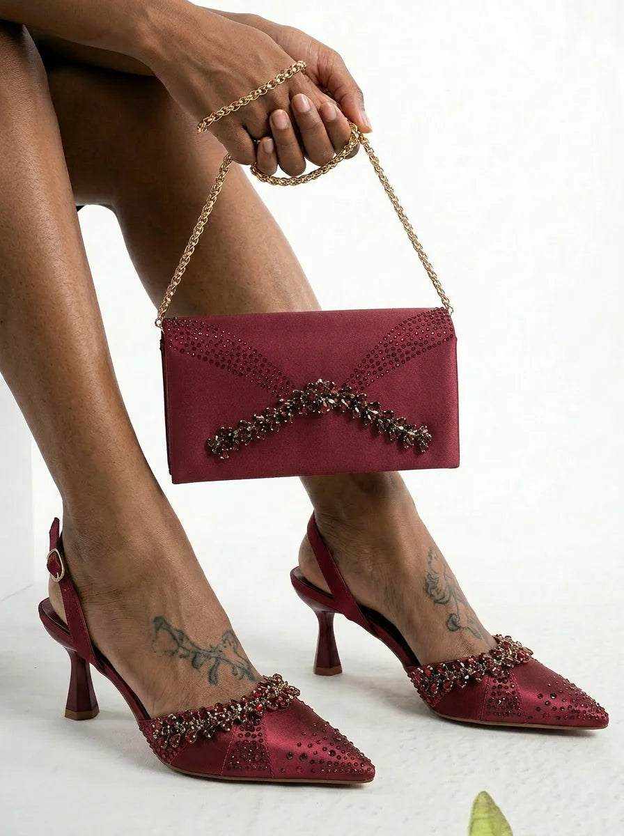 2026 Italian Inspired Gold Rhinestone HAND CRAFTED UPPER Pointed Toe Women High Heels Shoes and Bag Set Elegant Party Shoes