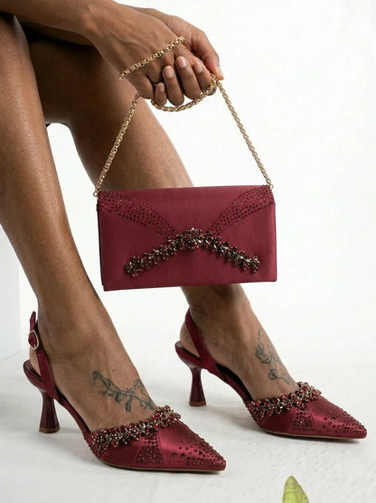 2026 Italian Inspired Gold Rhinestone HAND CRAFTED UPPER Pointed Toe Women High Heels Shoes and Bag Set Elegant Party Shoes