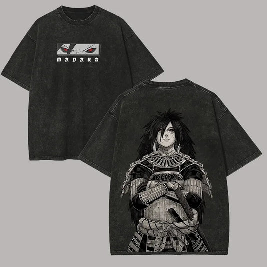 Madara Uchiha T Shirt Naruto Men Acid Wash Back Print Sharingan Anime Graphic Cotton Streetwear Jutsu Vintage Bootleg Tee