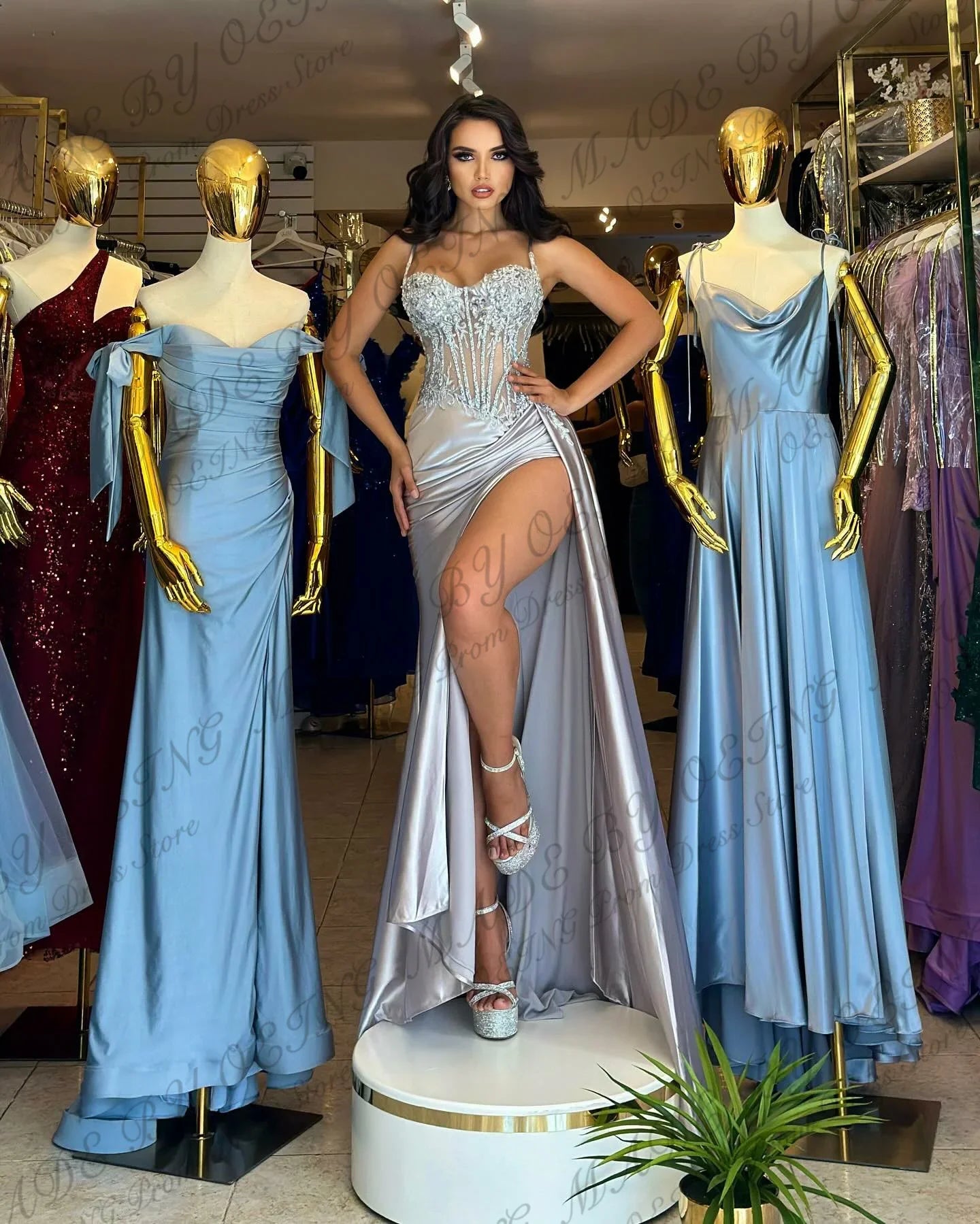 Silver Mermaid Prom Dress Elegant Spaghetti Strap High Slit Evening Dresses Formal Gown Vestidos De Fiesta Customized