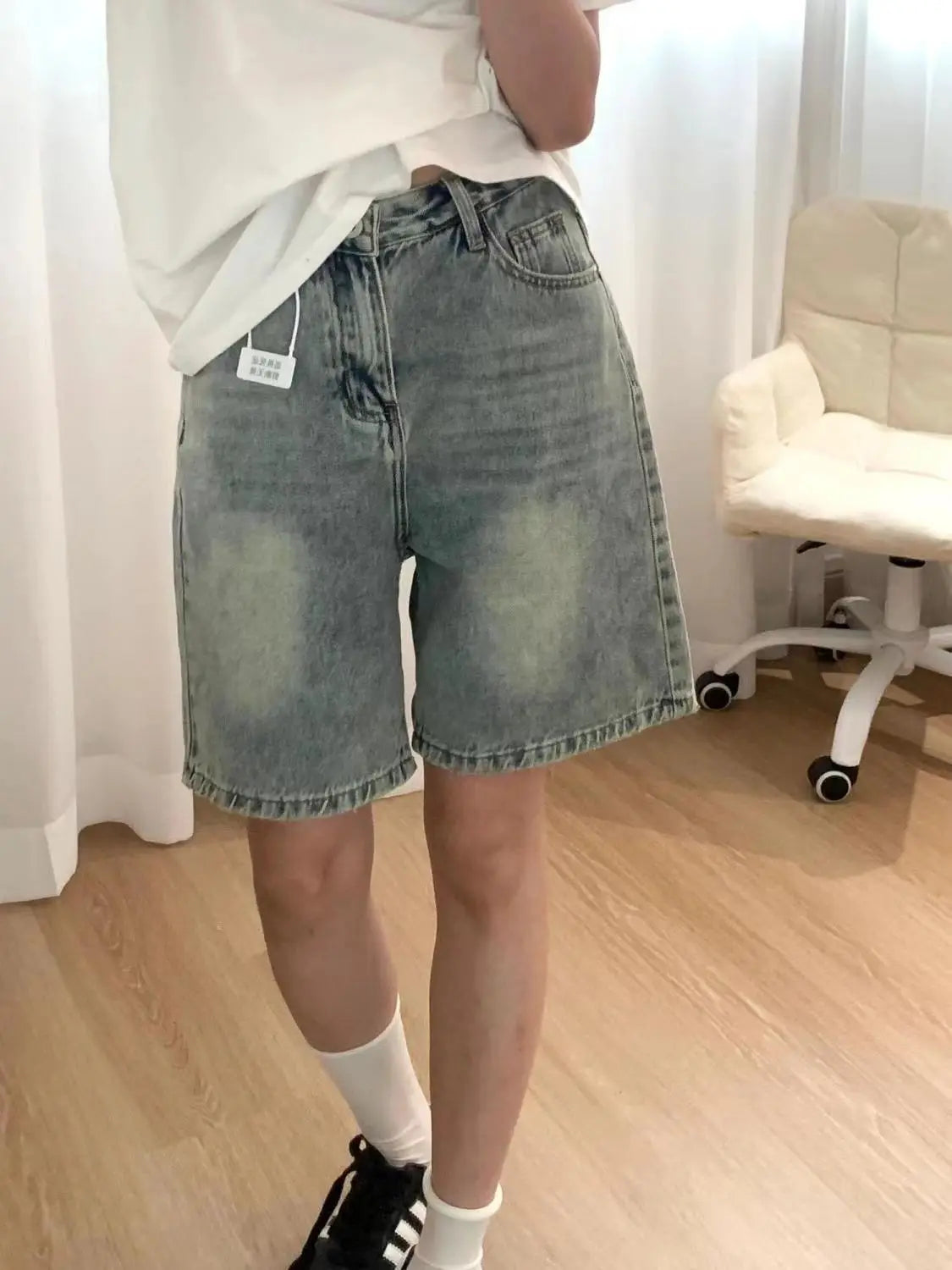 2026 New American Vintage Straight Denim Shorts Woman Summer High-Waisted Solid Jeans Women's Short Pants