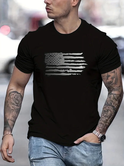 Men's summer 100 cotton fashionable casual loose plus size American flag printed sports round neck short sleeved T-shirt top
