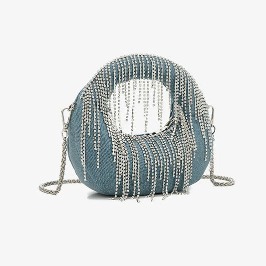 Half Moon Evening Clutch Party Bags For Women Luxury Designer Denim Tassel Rhinestone Handbag Shiny Sequins Chain Shoulder Purse
