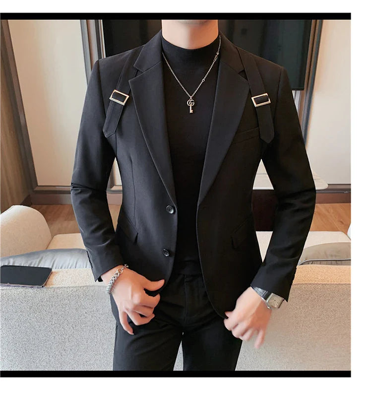 2024 Autumn Winter New Strap Decoration Suit Jacket for Men Fashion Slim Casual Business Blazers Groom Wedding Social Tailcoat