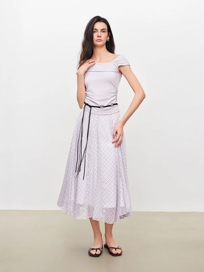 2026 Summer Women's Lilac Plaid High Waist A-Line Skirt for Daily and Resort Wear