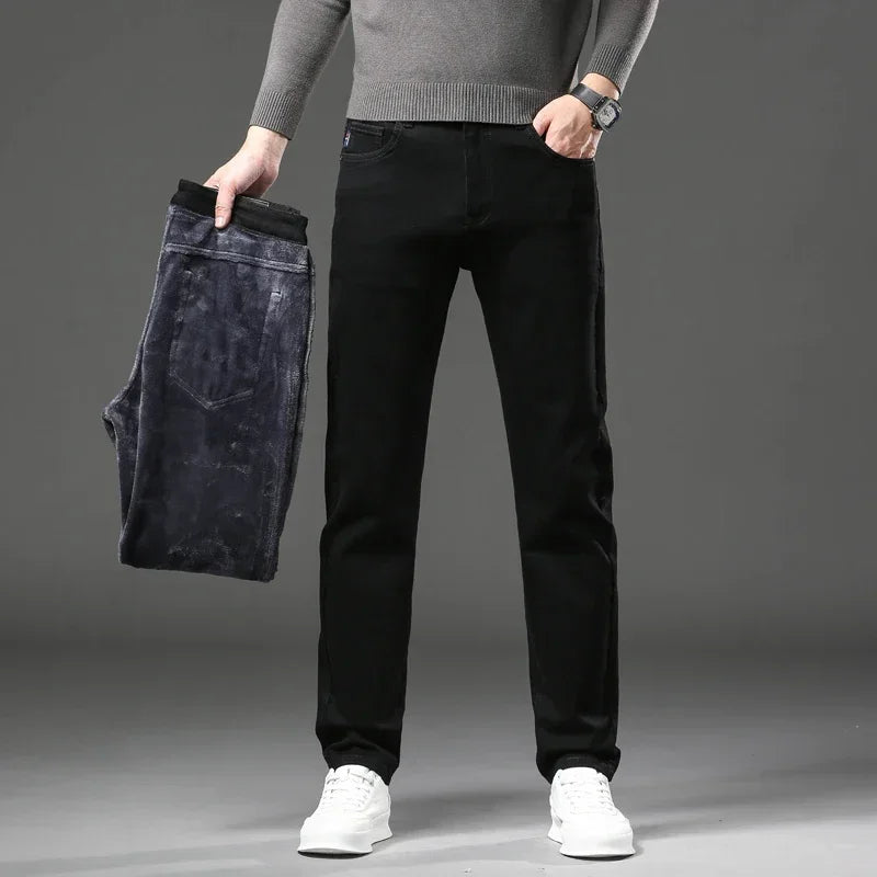 Winter Thickened Warm Male Plush Trousers Brand Clothes Men's Fleece Jeans Straight Slim Stretch Fashion Business Denim Pants