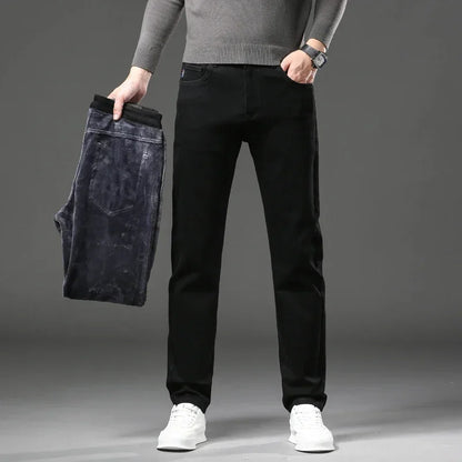 Winter Thickened Warm Male Plush Trousers Brand Clothes Men's Fleece Jeans Straight Slim Stretch Fashion Business Denim Pants