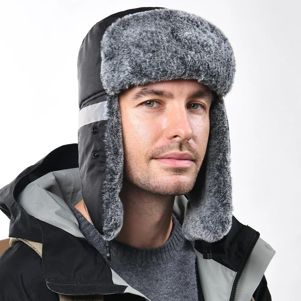 Men's Outdoor Fleece-Lined Thick Warm Reflective Strip Lei Feng Hat with Removable Mask Ear Flap Bomber Hat Winter Pilot Cap