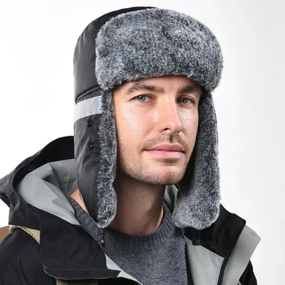 Men's Outdoor Fleece-Lined Thick Warm Reflective Strip Lei Feng Hat with Removable Mask Ear Flap Bomber Hat Winter Pilot Cap