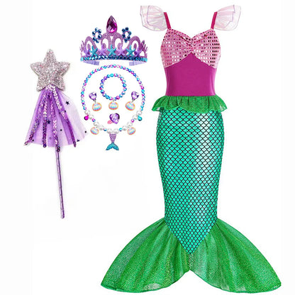 Halloween Little Mermaid Ariel Princess Costume Summer Purple Dress Girls Cosplay Mermaid Carnival Birthday Party Swimsuit Set