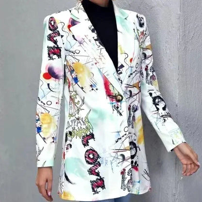 Elegant and Youth Blazer Spring Fashion Vintage Irregular Print Casual Woman Clothing High Street Lapel Blazer Woman Outerwears