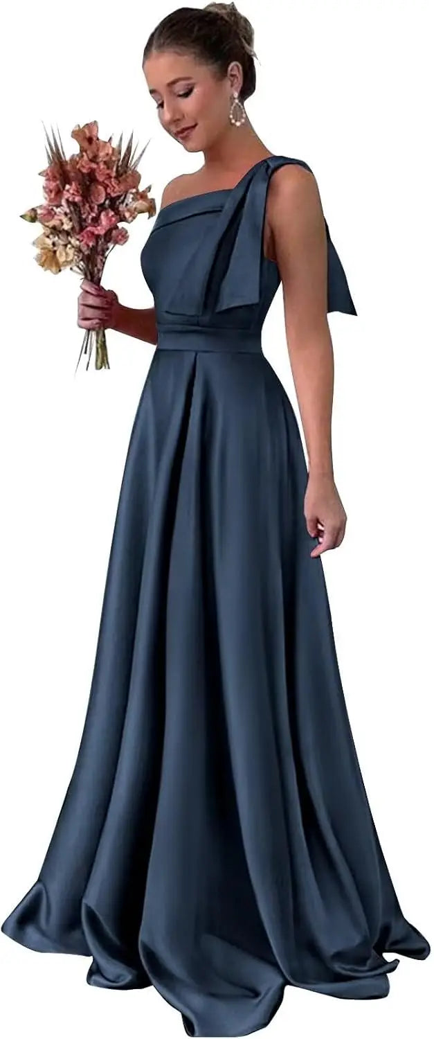 One Shoulder Large Bow Bridesmaid Dress with Pleated Satin and Pockets Simple ,Stylish Ball Dressadies' Guest One Shoulder Dress