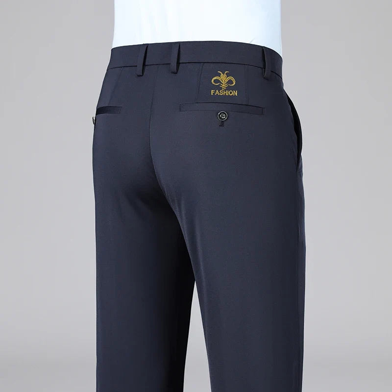 Men's Stretch Pants with Embroidery Casual Suit Pants Wrinkle Resistant Dress Pants
