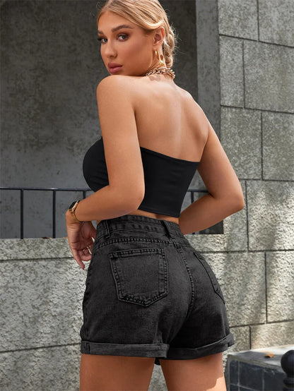 Zipper Fly Roll Up Hem Denim Shorts Women Fashion Summer High Waist Pockets Female Straight Leg Jean Shorts For Woman