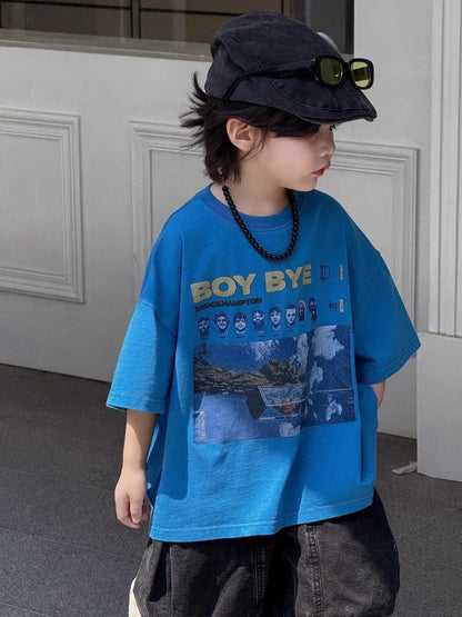 2026 New Boys' Summer Short Sleeve T-Shirt 100% Cotton Stylish Printed Half Sleeve Kids' Tops Trendy Cool Design for Boys