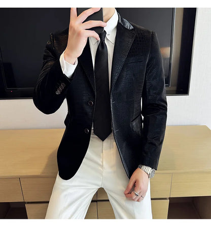 New High Quality Crocodile Stripe Slim Fit Leather Jacket Classic Business Casual Slim Fit Men Blazer Tuxedos Men Clothing 4XL-M