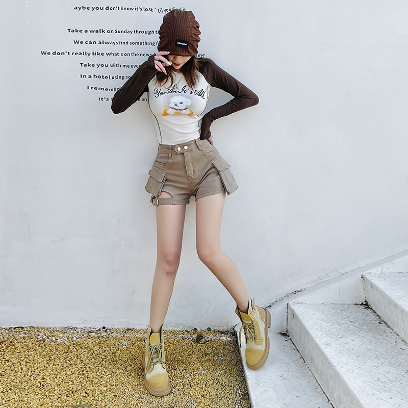 High Waisted Cargo Shorts Khaki Chic Pockets Jeans Shorts Sexy Girl Summer Clothes for Women Denim Shorts Harajuku