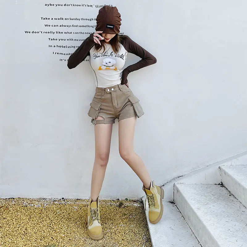 High Waisted Cargo Shorts Khaki Chic Pockets Jeans Shorts Sexy Girl Summer Clothes for Women Denim Shorts Harajuku
