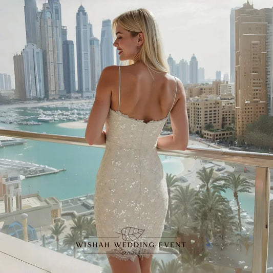 Wishah Elegant Sexy Deep V-Neck Lace Sequins Backless Spaghetti Strap Sheath Dress Customized Bridal Gown for Wedding Party 2027