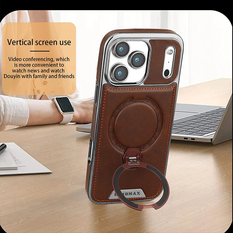 Magnetic Rotat Bracket Luxury Leather Phone Case,For iPhone 11 12 13 14 15 16 17 Pro Max Plus Wireless Charging Shockproof Cover