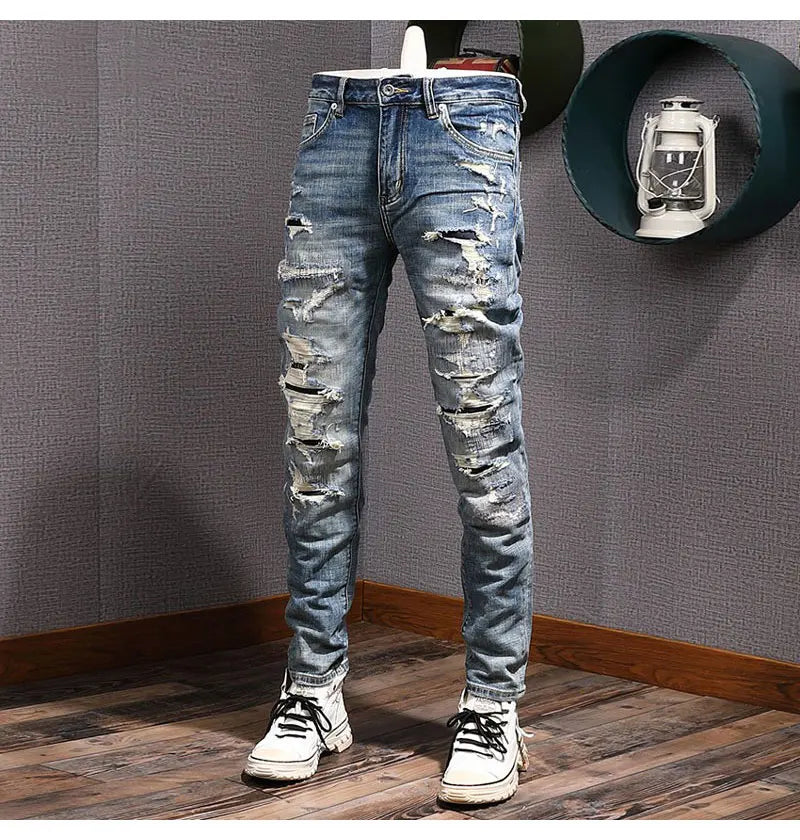 Street Fashion Men Jeans Retro Blue Stretch Slim Fit Hole Ripped Jeans Men Patched Designer Hip Hop Vintage Denim Pants Hombre