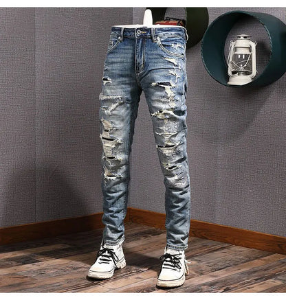 Street Fashion Men Jeans Retro Blue Stretch Slim Fit Hole Ripped Jeans Men Patched Designer Hip Hop Vintage Denim Pants Hombre
