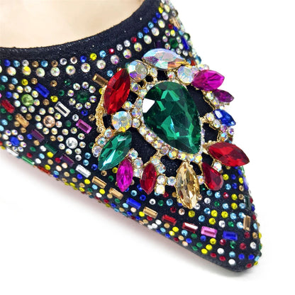 2024 Latest Wedding Pointed Toe Women's Shoes High Heel Black Color Rhinestones italian shoes and bags matching set
