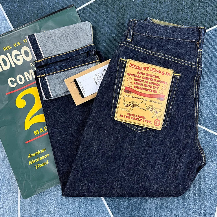 14oz Red Selvedge Denim Jeans for Men Heavyweight Raw Desilted Indigo Cotton Pants Youth Male Fashion Loose Straight Trousers