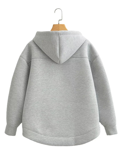 Autumn Women Casual Hooded Jacket Loose Oversize Zipper Hoodie Sweatshirts Solid Coat Office Lady Chic Outwear Tops