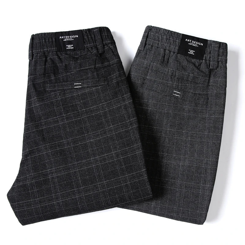 Autumn New Men's Plaid Striped Business Casual Pants Classic Fashionable Straight Elastic Casual Trousers Black Gray Male