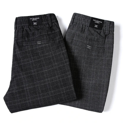Autumn New Men's Plaid Striped Business Casual Pants Classic Fashionable Straight Elastic Casual Trousers Black Gray Male