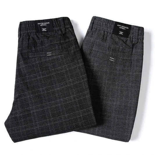 Autumn New Men's Plaid Striped Business Casual Pants Classic Fashionable Straight Elastic Casual Trousers Black Gray Male
