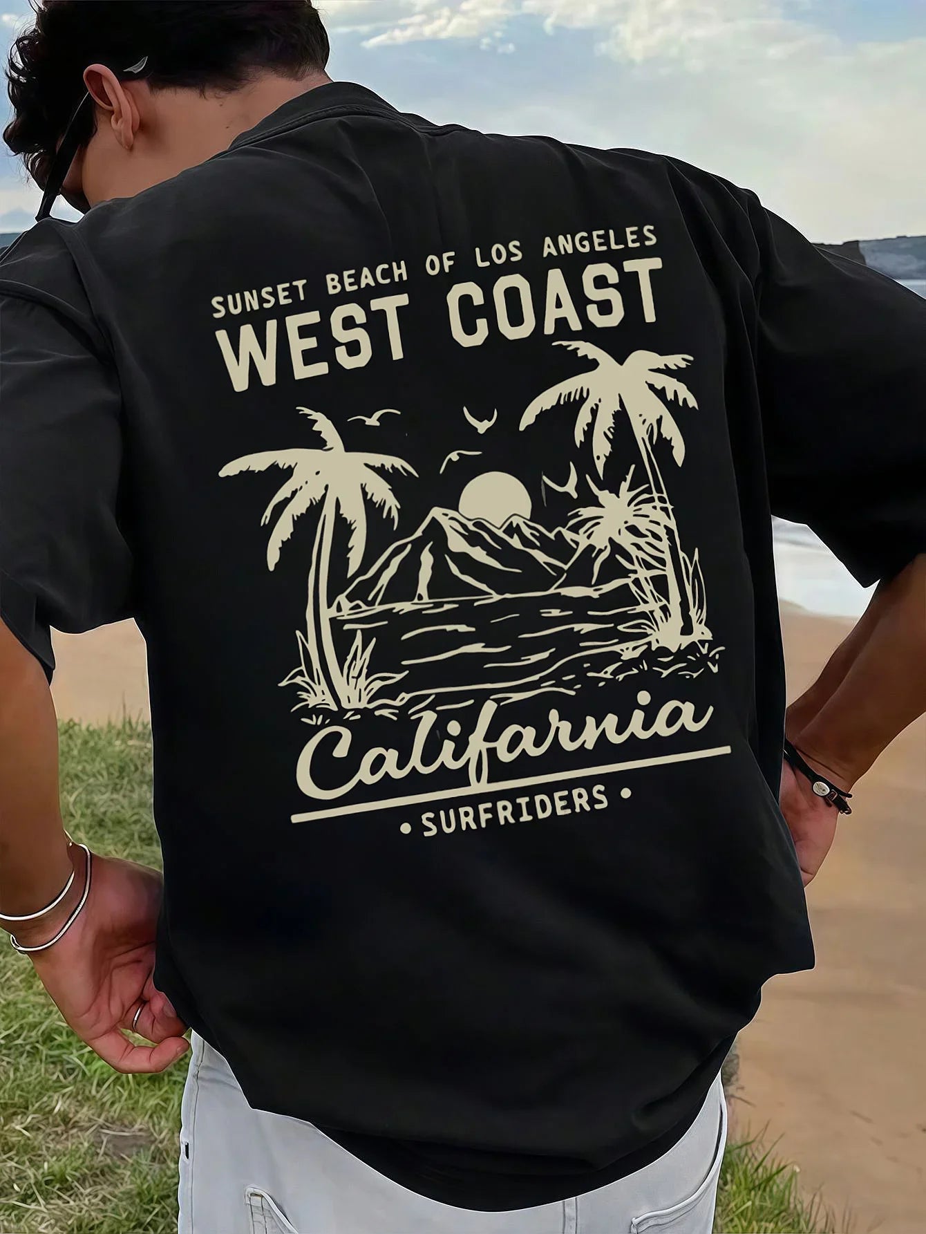 Men's 100% pure cotton casual loose retro California beach surfing pattern printed round neck short sleeved T-shirt top