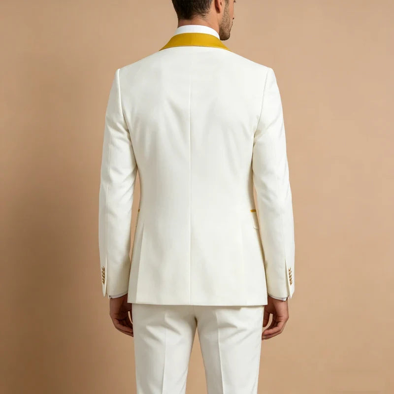 Men White Tuxedo Suit 3 Piece Shawl Lapel Slim Fit 1 Button Velvet Collar Patched Blazer Vest Pants Set for Wedding Party Groom